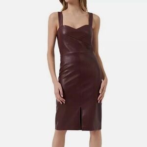 =^.^= French Connection Chocolate Brown Faux Leather Dress Modern Glam Chic XS